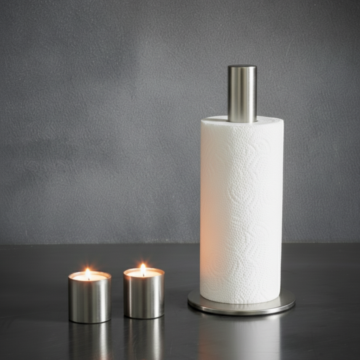 Køkkenrulleholder og lysestager i rustfrit stål